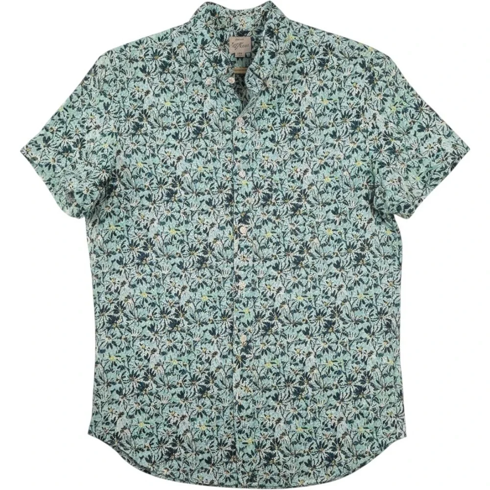 J.Crew 100% Linen Short‎ Sleeve Button Down Mens M Green Daisy Floral